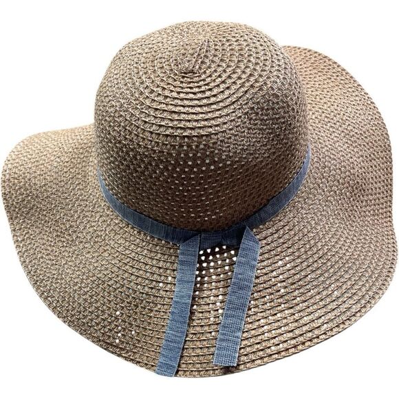 Tan Wide Brim with Blue Ribbon Straw Sun Hat - Picture 7 of 8